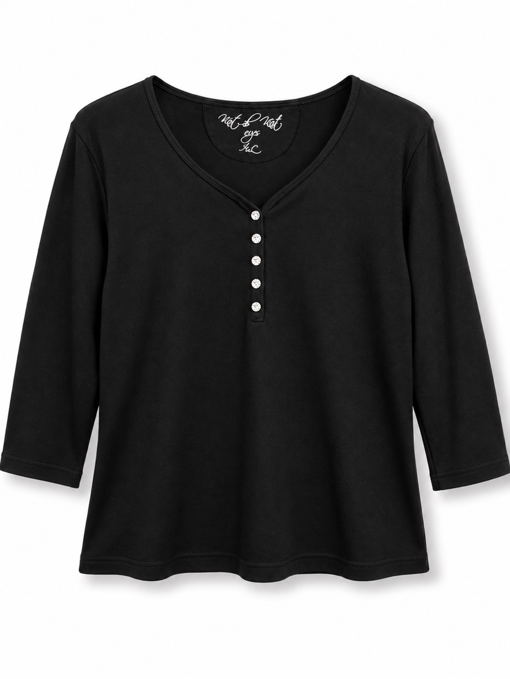 Kut from the Kloth Black Cotton Rhinestone Button Henley Top 3/4 Sleeve